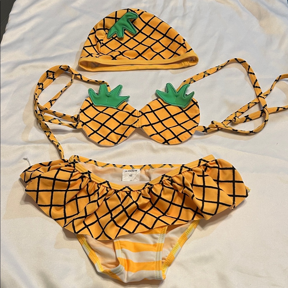 Pineapple Print Girls 3-Piece Costume Swim Set - Yellow Sz 4T